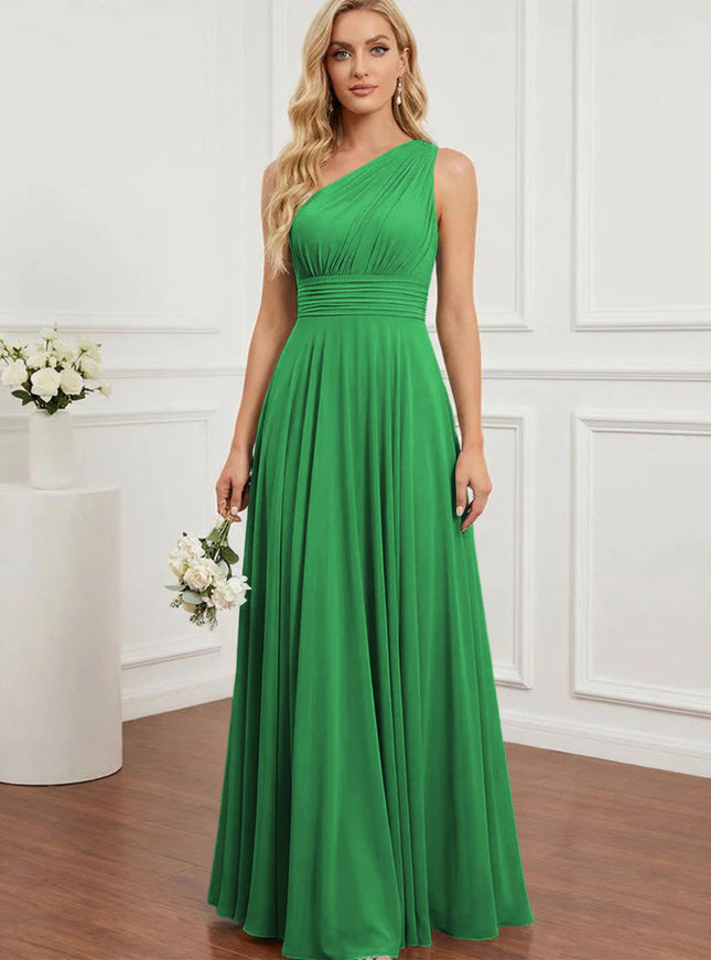 Chiffon One Shoulder Pleated Bridesmaid Dresses with Back Tie