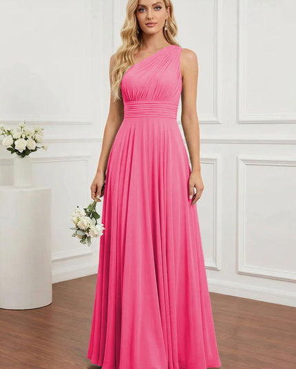 Chiffon One Shoulder Pleated Bridesmaid Dresses with Back Tie