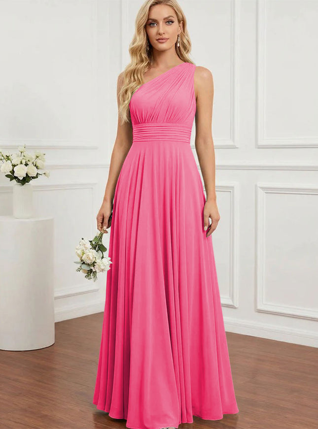 Chiffon One Shoulder Pleated Bridesmaid Dresses with Back Tie