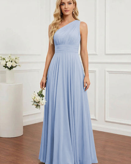 Chiffon One Shoulder Pleated Bridesmaid Dresses with Back Tie