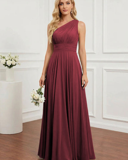 Chiffon One Shoulder Pleated Bridesmaid Dresses with Back Tie