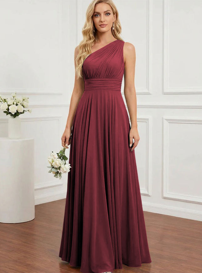 Chiffon One Shoulder Pleated Bridesmaid Dresses with Back Tie