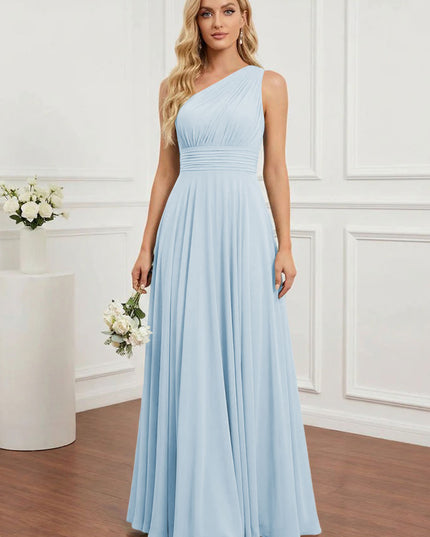 Chiffon One Shoulder Pleated Bridesmaid Dresses with Back Tie