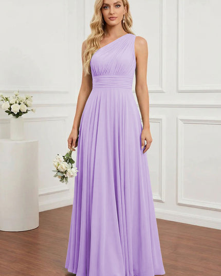 Chiffon One Shoulder Pleated Bridesmaid Dresses with Back Tie