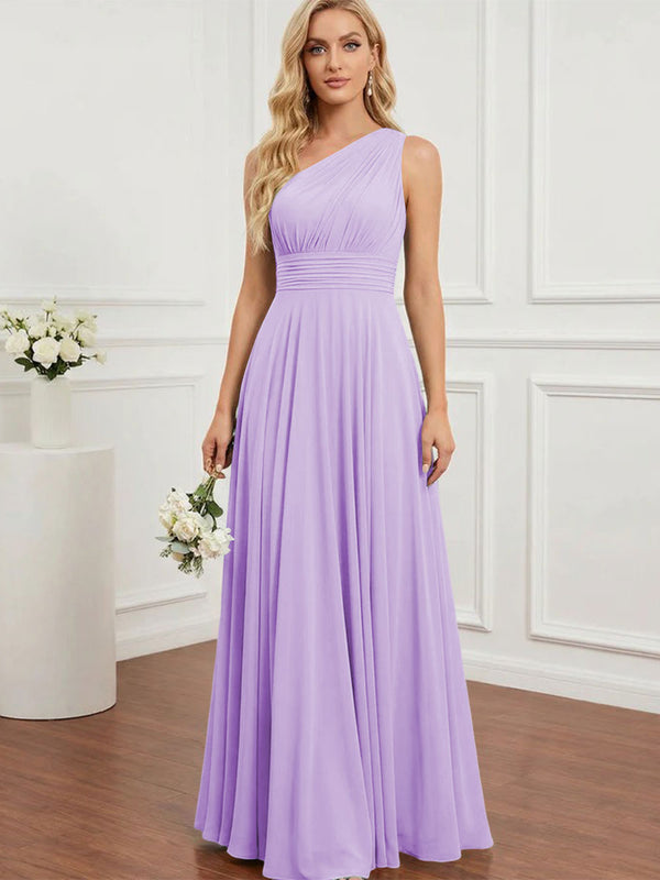 Chiffon One Shoulder Pleated Bridesmaid Dresses with Back Tie