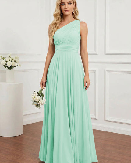 Chiffon One Shoulder Pleated Bridesmaid Dresses with Back Tie
