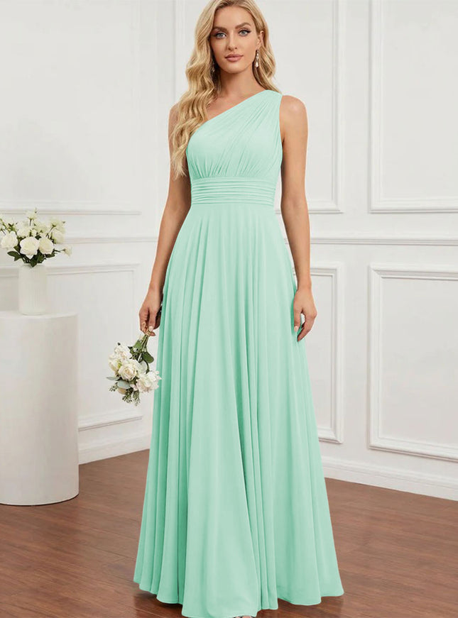 Chiffon One Shoulder Pleated Bridesmaid Dresses with Back Tie