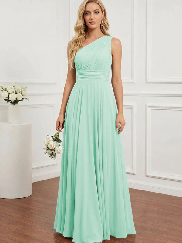 Chiffon One Shoulder Pleated Bridesmaid Dresses with Back Tie