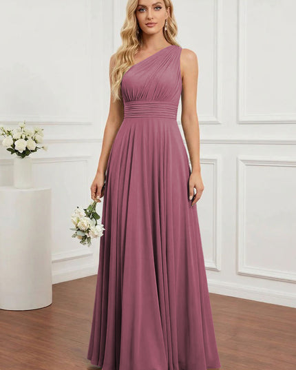 Chiffon One Shoulder Pleated Bridesmaid Dresses with Back Tie