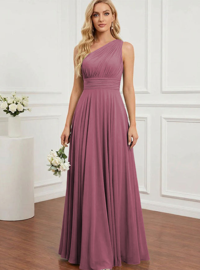 Chiffon One Shoulder Pleated Bridesmaid Dresses with Back Tie