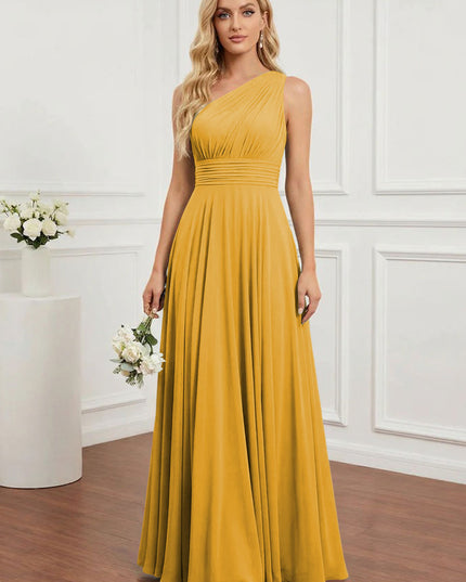 Chiffon One Shoulder Pleated Bridesmaid Dresses with Back Tie