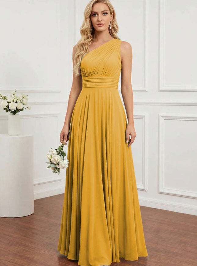 Chiffon One Shoulder Pleated Bridesmaid Dresses with Back Tie