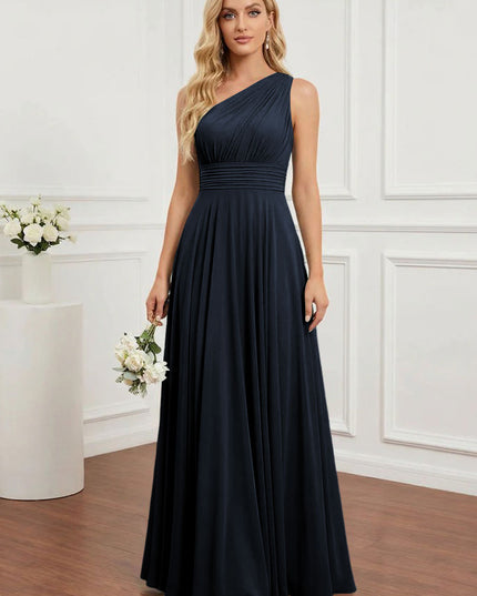 Chiffon One Shoulder Pleated Bridesmaid Dresses with Back Tie