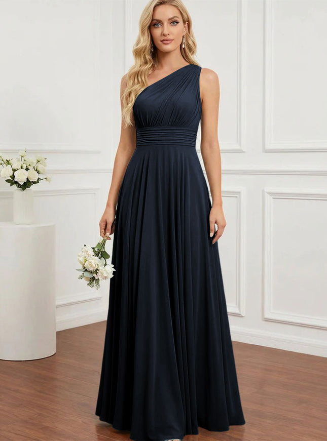 Chiffon One Shoulder Pleated Bridesmaid Dresses with Back Tie