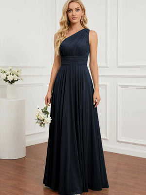 Chiffon One Shoulder Pleated Bridesmaid Dresses with Back Tie