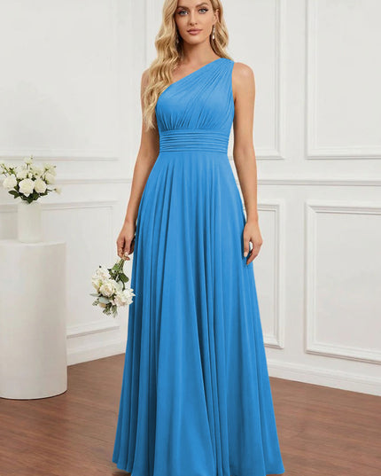 Chiffon One Shoulder Pleated Bridesmaid Dresses with Back Tie