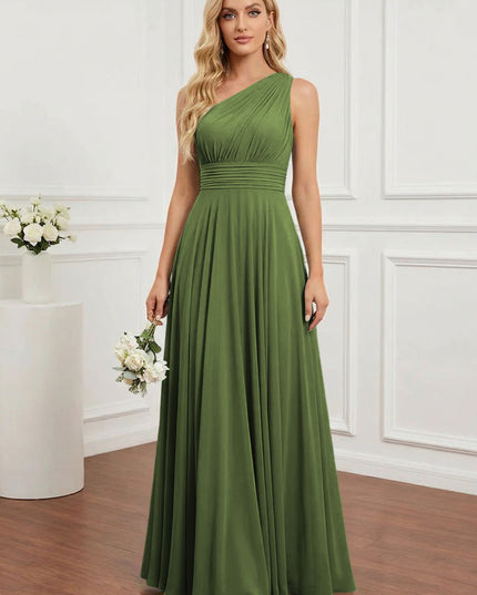 Chiffon One Shoulder Pleated Bridesmaid Dresses with Back Tie