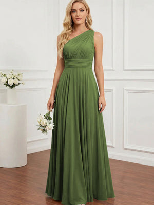 Chiffon One Shoulder Pleated Bridesmaid Dresses with Back Tie