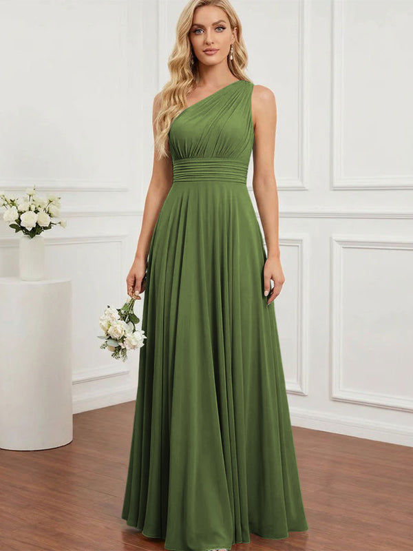 Chiffon One Shoulder Pleated Bridesmaid Dresses with Back Tie