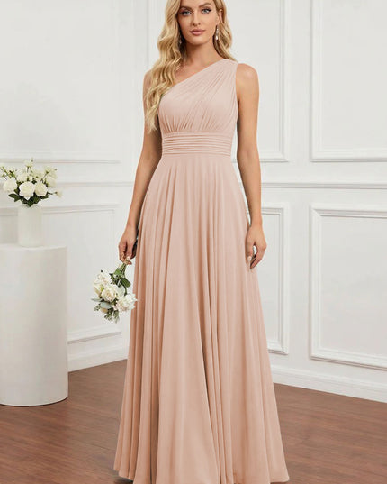 Chiffon One Shoulder Pleated Bridesmaid Dresses with Back Tie