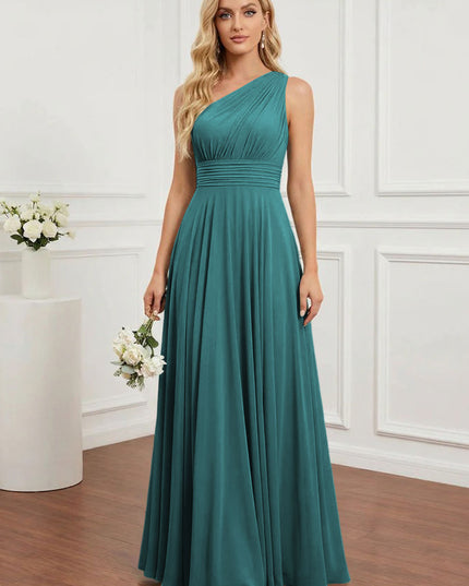 Chiffon One Shoulder Pleated Bridesmaid Dresses with Back Tie