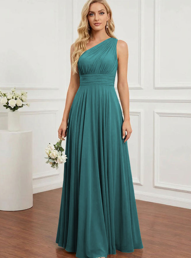 Chiffon One Shoulder Pleated Bridesmaid Dresses with Back Tie