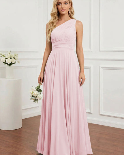 Chiffon One Shoulder Pleated Bridesmaid Dresses with Back Tie