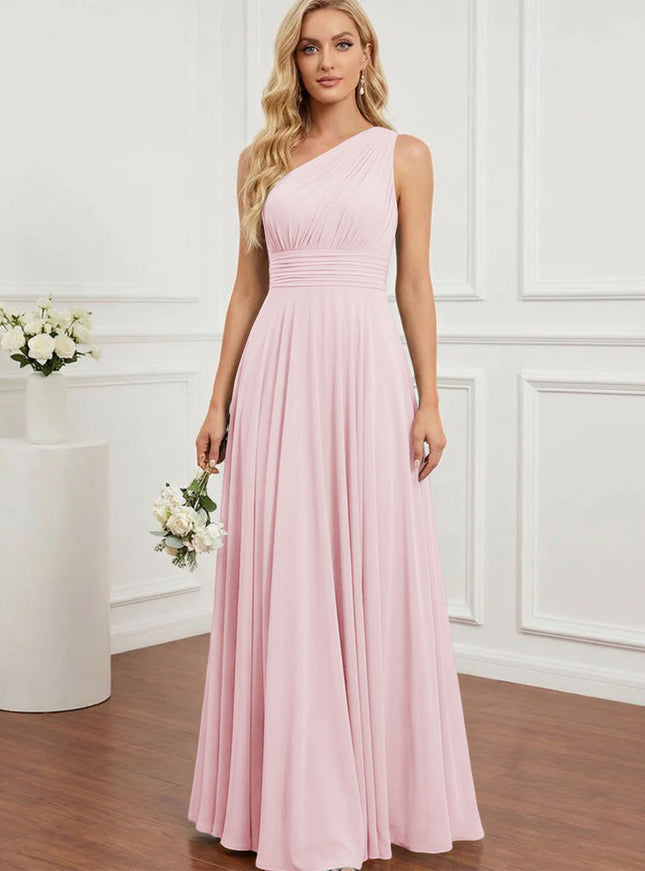 Chiffon One Shoulder Pleated Bridesmaid Dresses with Back Tie