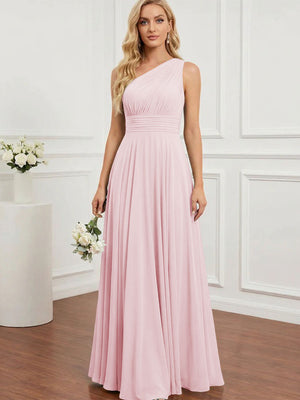 Chiffon One Shoulder Pleated Bridesmaid Dresses with Back Tie