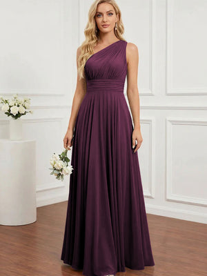 Chiffon One Shoulder Pleated Bridesmaid Dresses with Back Tie