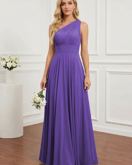 Chiffon One Shoulder Pleated Bridesmaid Dresses with Back Tie