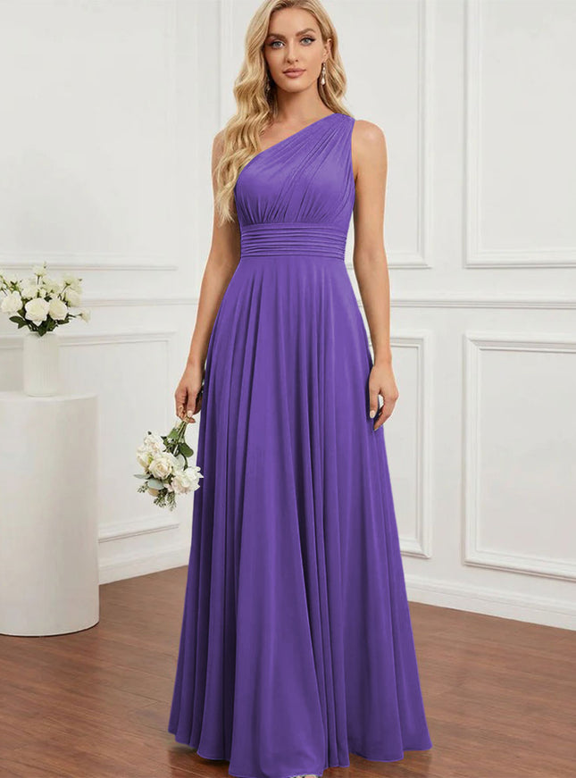 Chiffon One Shoulder Pleated Bridesmaid Dresses with Back Tie