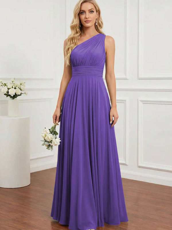 Chiffon One Shoulder Pleated Bridesmaid Dresses with Back Tie
