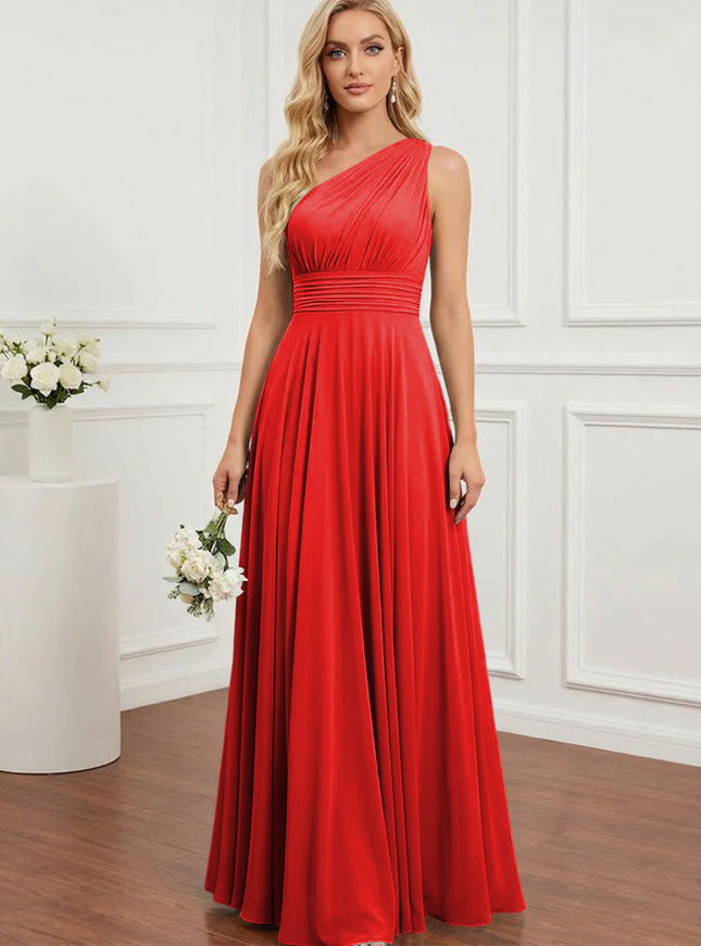 Chiffon One Shoulder Pleated Bridesmaid Dresses with Back Tie