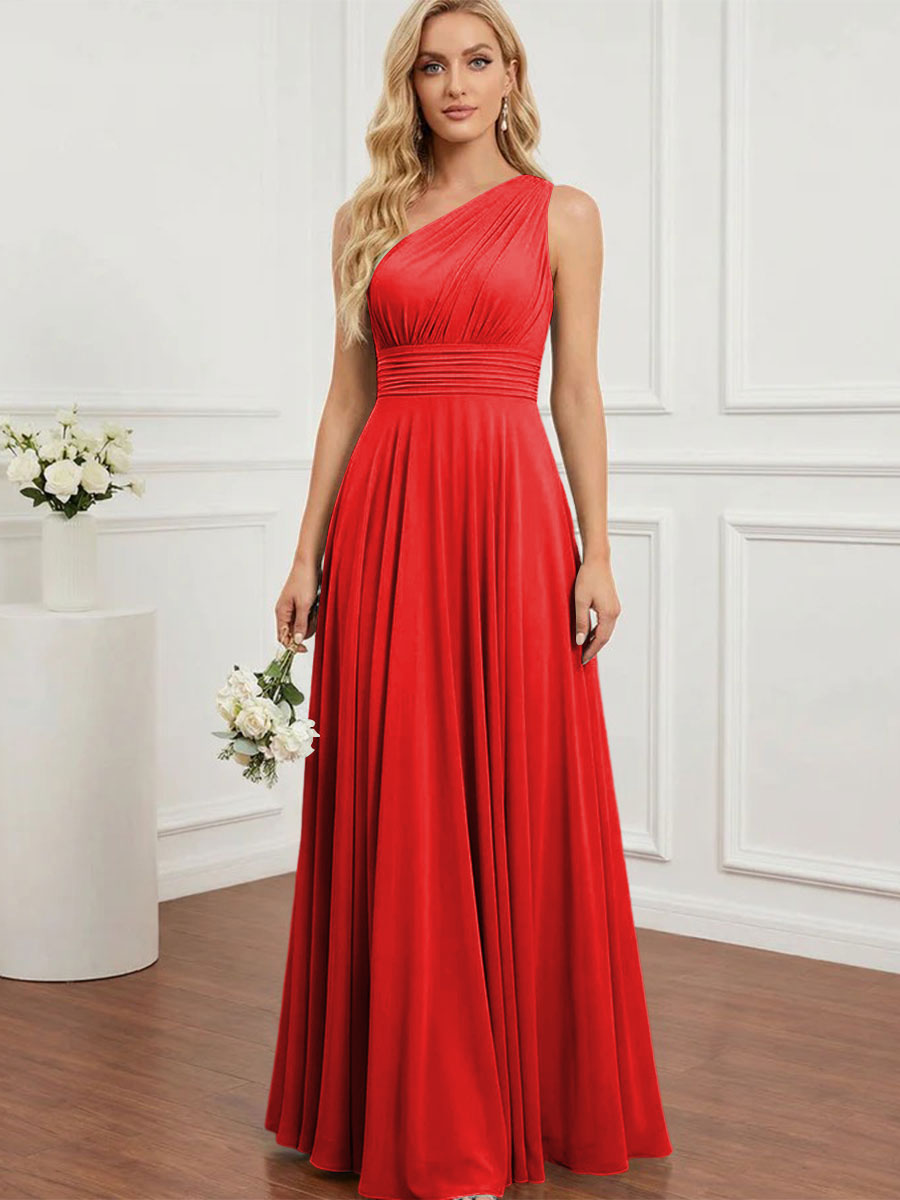 Chiffon One Shoulder Pleated Bridesmaid Dresses with Back Tie