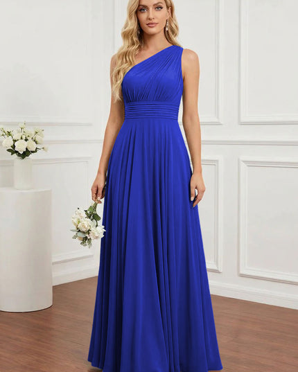 Chiffon One Shoulder Pleated Bridesmaid Dresses with Back Tie