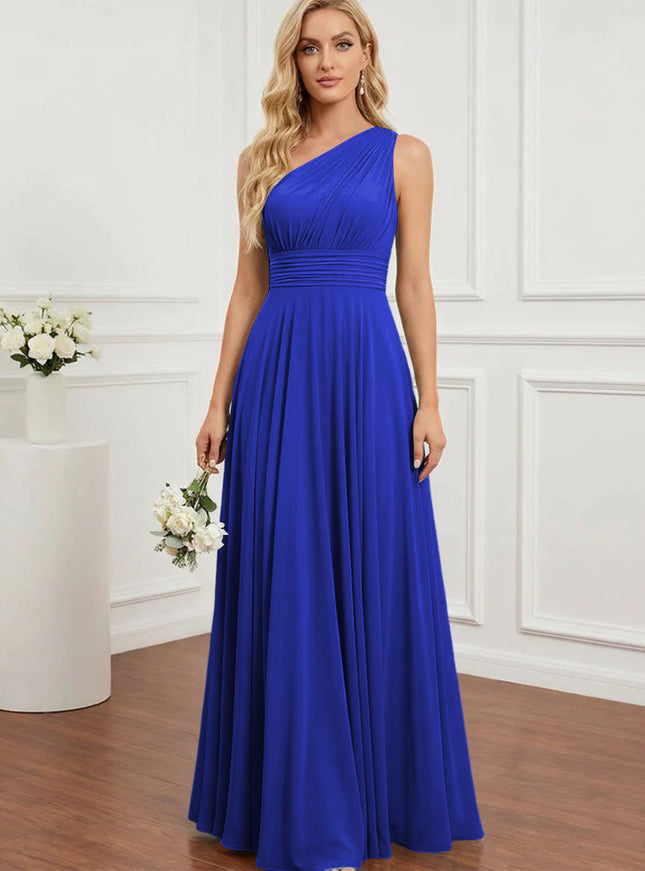 Chiffon One Shoulder Pleated Bridesmaid Dresses with Back Tie