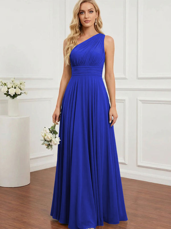 Chiffon One Shoulder Pleated Bridesmaid Dresses with Back Tie