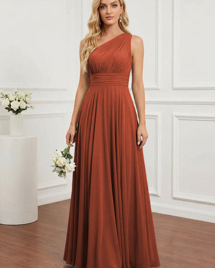 Chiffon One Shoulder Pleated Bridesmaid Dresses with Back Tie