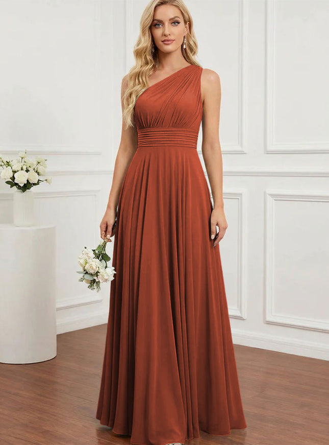 Chiffon One Shoulder Pleated Bridesmaid Dresses with Back Tie