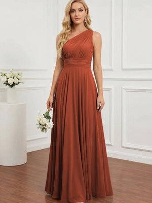 Chiffon One Shoulder Pleated Bridesmaid Dresses with Back Tie