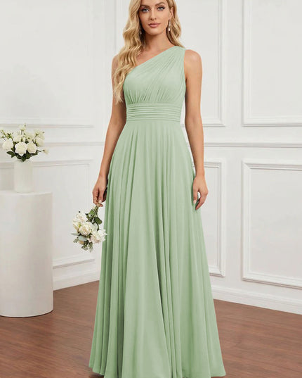Chiffon One Shoulder Pleated Bridesmaid Dresses with Back Tie