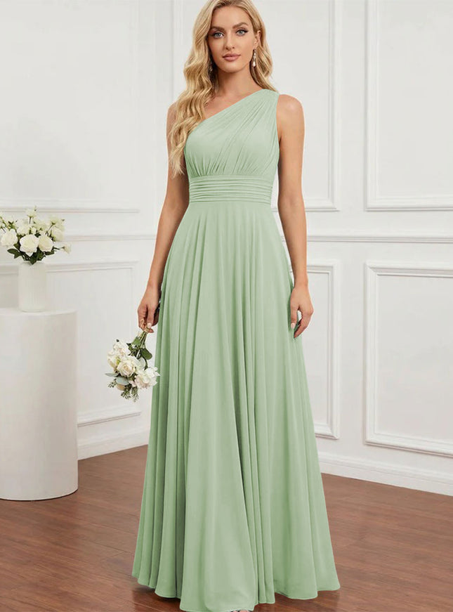 Chiffon One Shoulder Pleated Bridesmaid Dresses with Back Tie