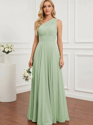 Chiffon One Shoulder Pleated Bridesmaid Dresses with Back Tie
