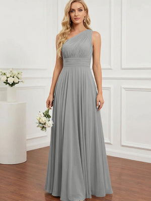 Chiffon One Shoulder Pleated Bridesmaid Dresses with Back Tie