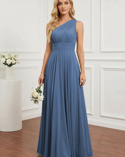Chiffon One Shoulder Pleated Bridesmaid Dresses with Back Tie