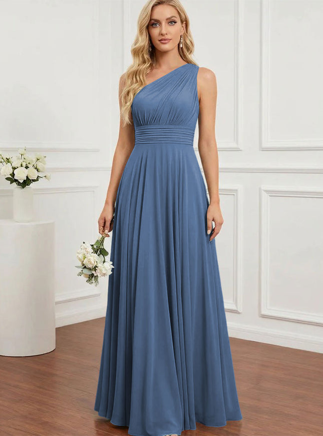 Chiffon One Shoulder Pleated Bridesmaid Dresses with Back Tie