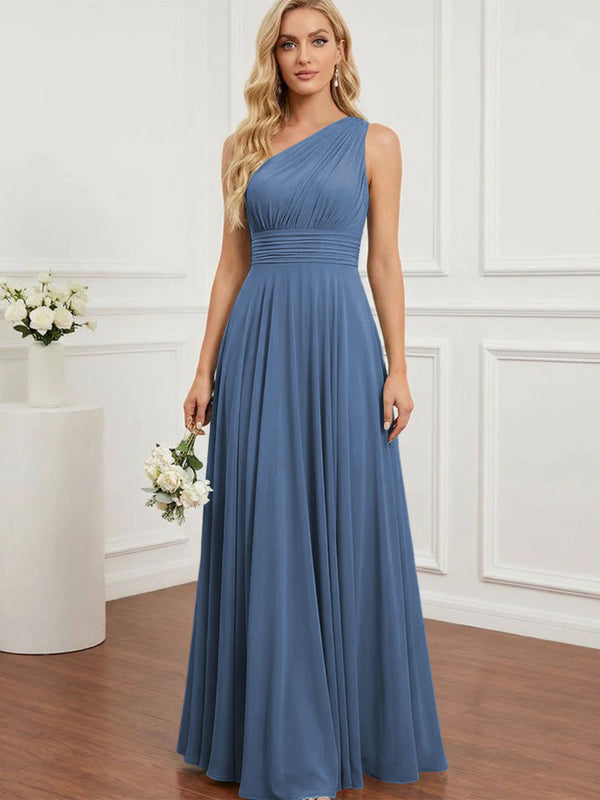 Chiffon One Shoulder Pleated Bridesmaid Dresses with Back Tie
