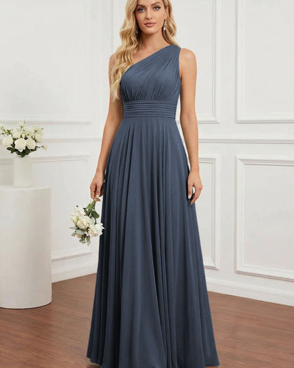 Chiffon One Shoulder Pleated Bridesmaid Dresses with Back Tie