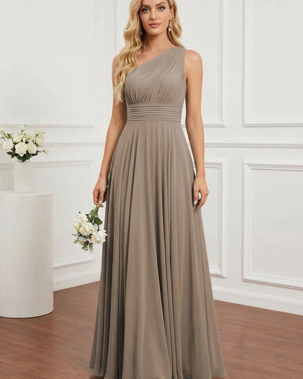Chiffon One Shoulder Pleated Bridesmaid Dresses with Back Tie
